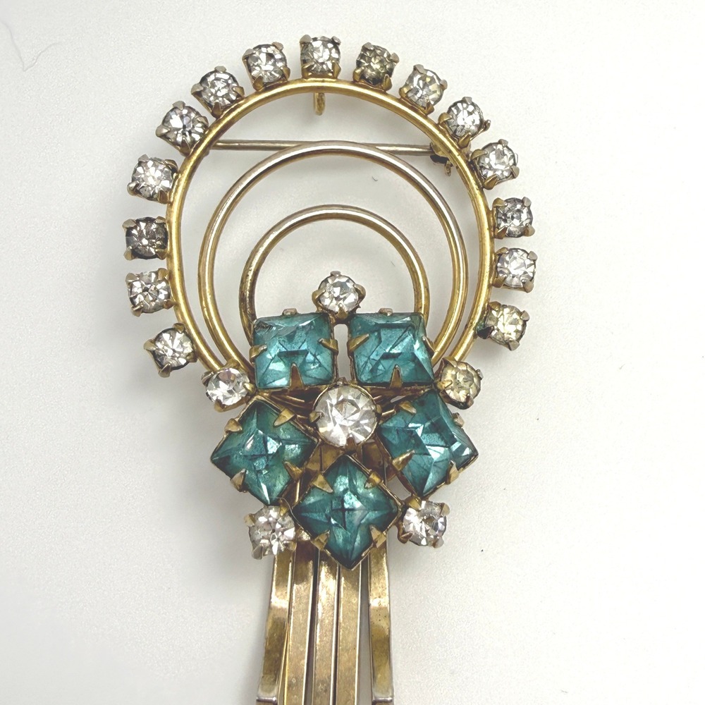 Art Deco Brooch Pendant 40s 50s Women OS Gold Teal Rhinestone Good Vintage - Picture 3 of 11